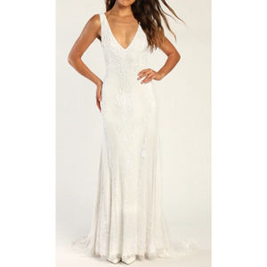 LULU'S White Passionate Romance Beaded Sequin Mermaid Maxi Dress